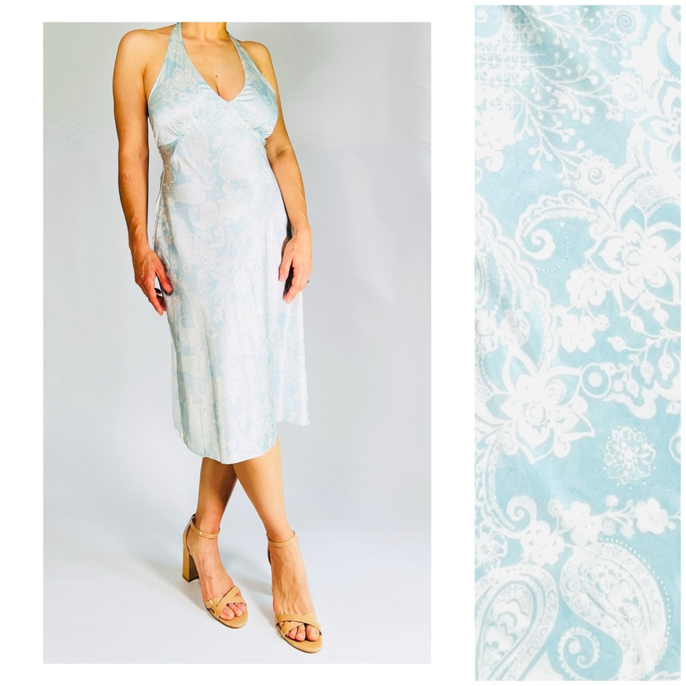 ANTONIO MELANI Halter Dress Beverly Pure Silk Size 8 Aqua Blue Floral Paisley